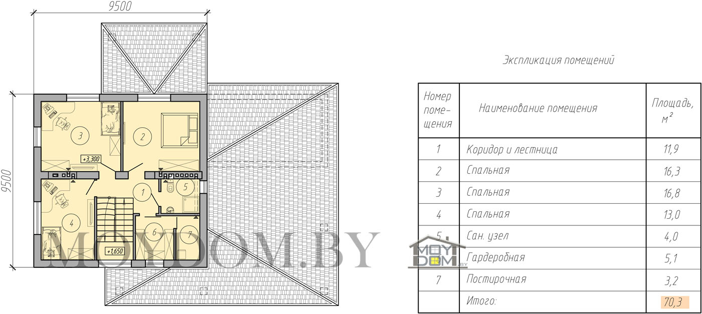 план второго этажа двухэтажного дома с 4 спальнями проекта 95-06